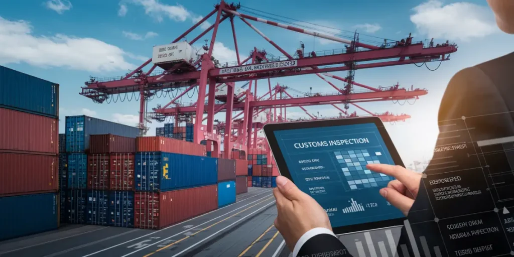 digital customs check at cargo port with containers and cranes