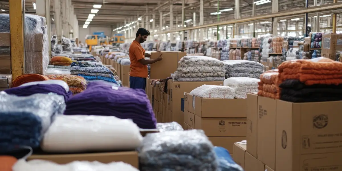 man standing between stacks of fabric and boxes
